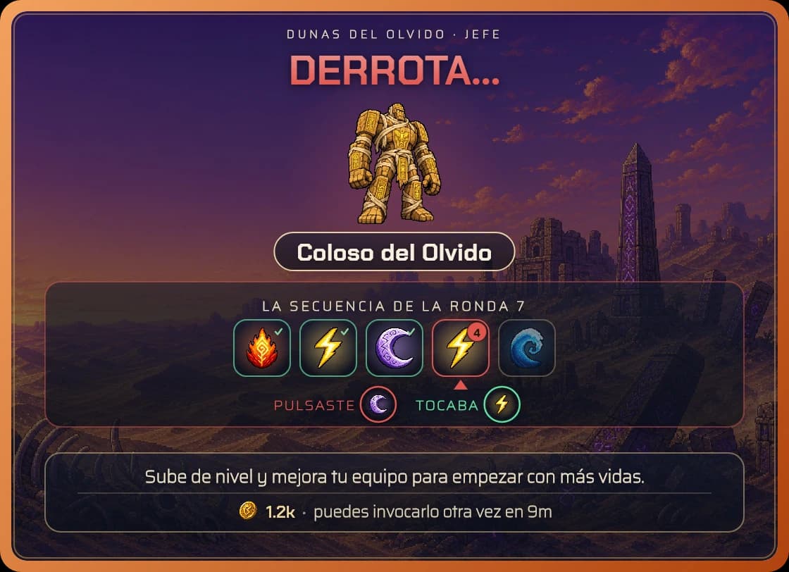 The defeat with the sequence uncovered: the runes that were coming, how far you got, and which one you got wrong. This is the screen that shows you why you lost instead of just telling you.