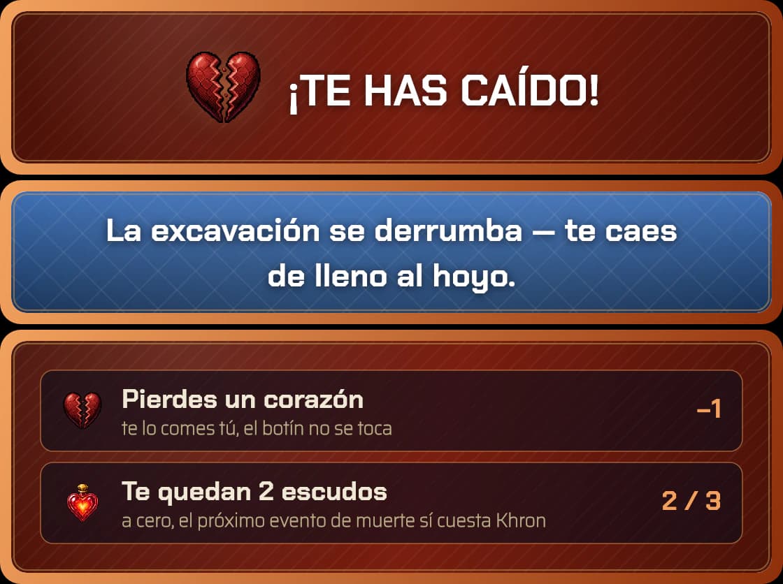 And this is what it saves you from: with no hearts and no absorber, the hit costs you 20% of your Khron and one material.