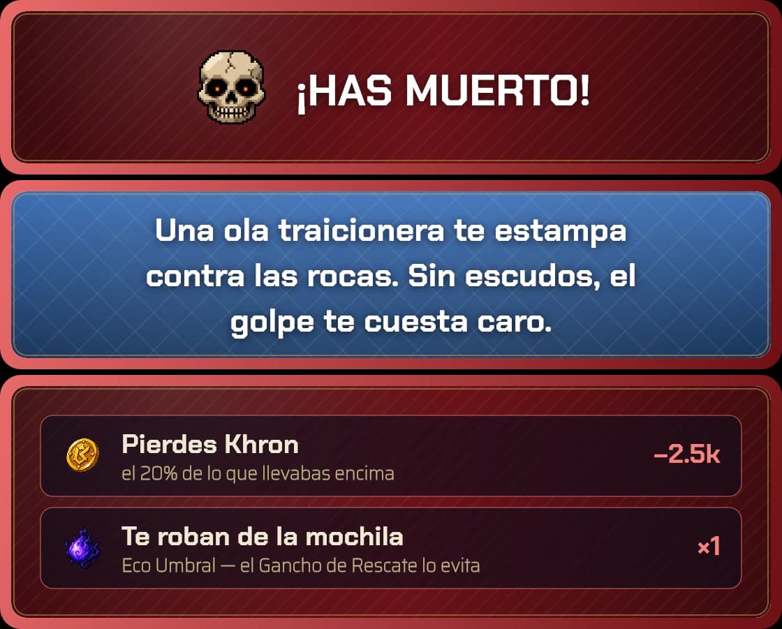 A death with no shields left: on top of 20% of your purse, the blow steals an Umbral Echo.