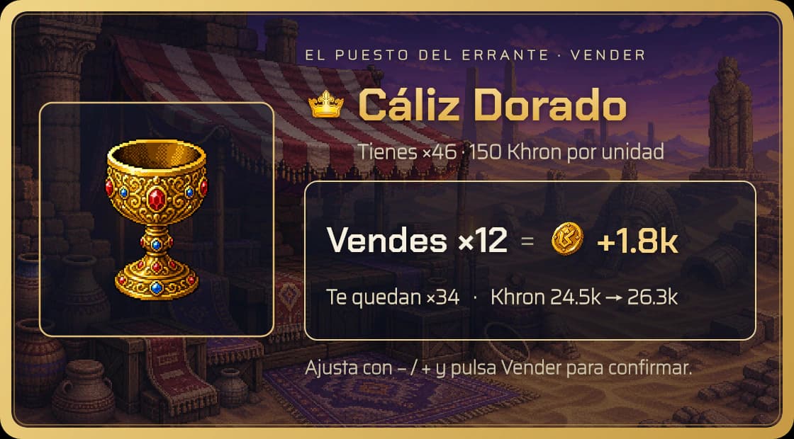 The quantity picker when selling to the Wanderer: each Chalice pays 150 Khron, and this screen is where you decide how many to let go.