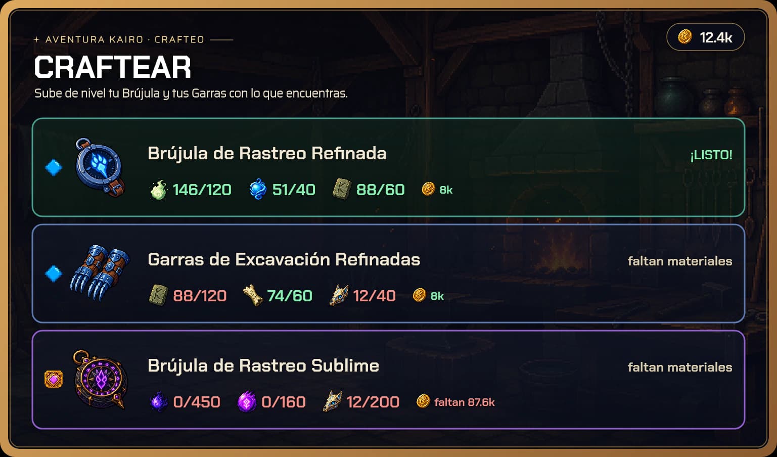 The first real upgrade: the Breeze Echo row is the one that decides whether the Refined compass can be forged yet.
